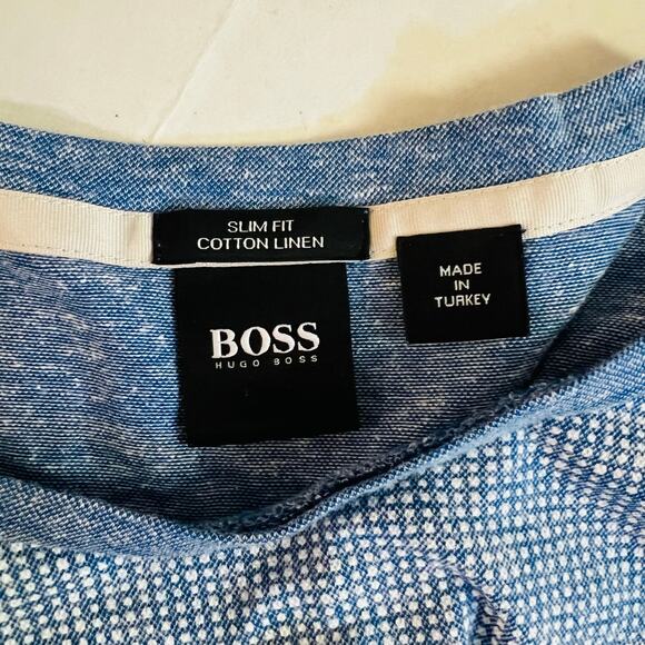 Hugo Boss Slim Fit Cotton Linen Short Sleeve Crew Neck Tee Size M Medium Blue - Picture 3 of 7